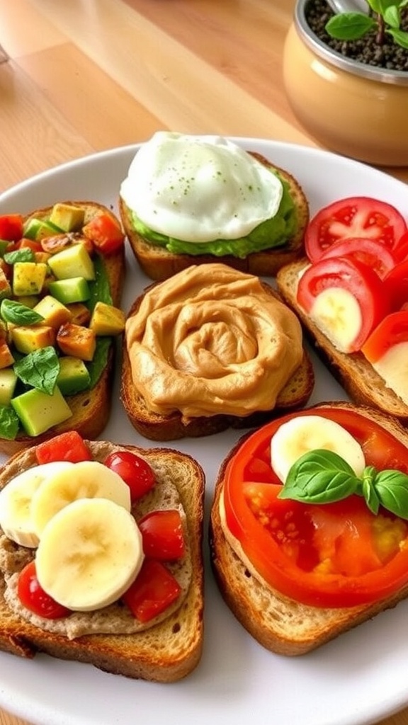 Delicious Toast Ideas for Lunch An assortment of delicious toast ideas including avocado, hummus, peanut butter, and tomato basil.